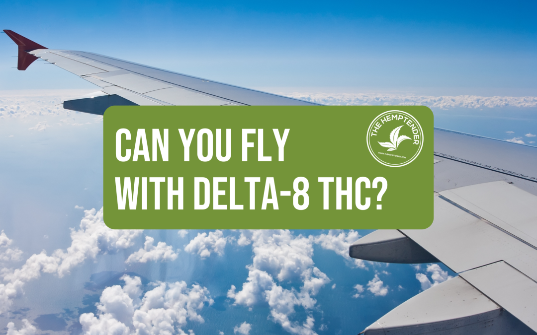 an airplane wing in the sky with text that reads " can you fly with delta-8 THC?" on a green background
