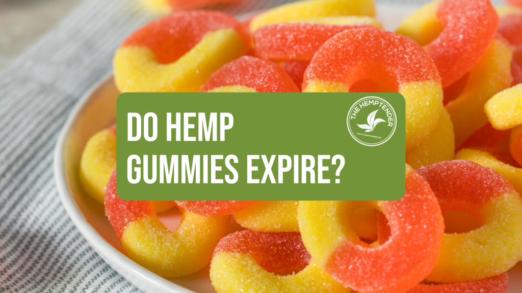 peach ring gummies on a plate on a white table cloth with text that reads " do hemp gummies expire? "