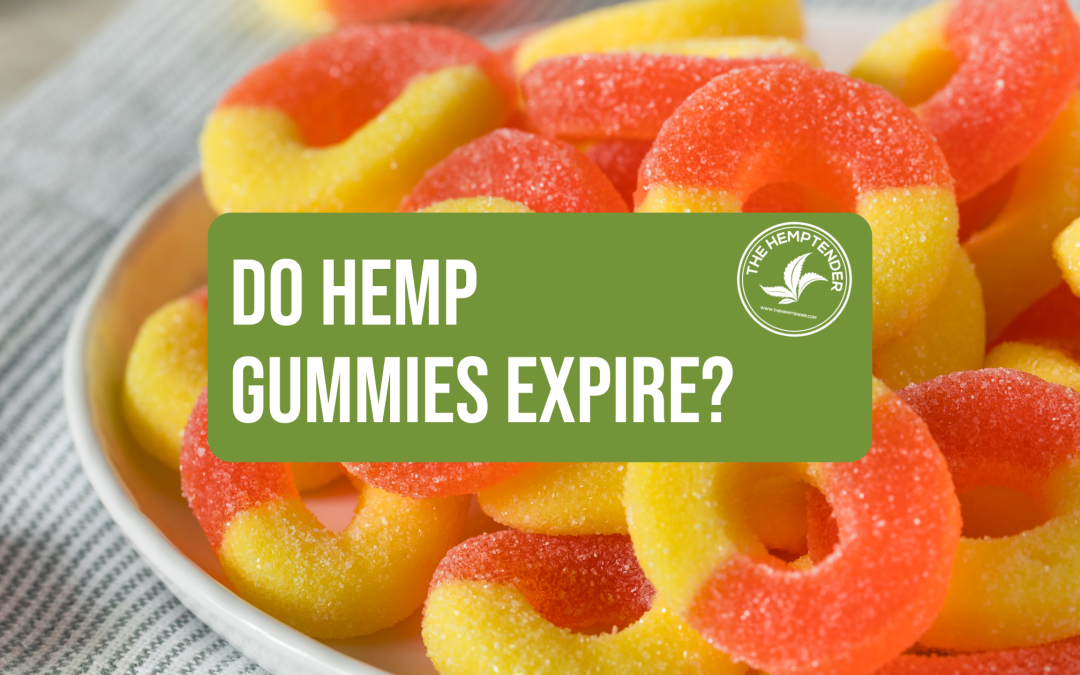 peach ring gummies on a plate on a white table cloth with text that reads " do hemp gummies expire? "