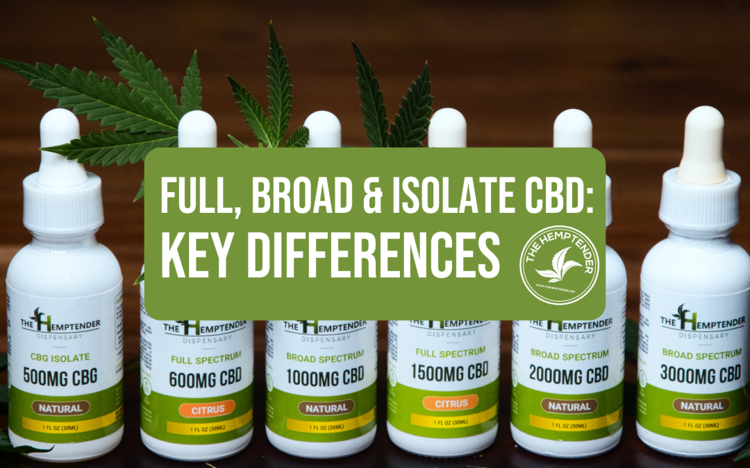 The Hemptender CBD: fll-spectrum, broad-spectrum and CBD isoalte on a wooden table with hemp leaves. Text reads "full, broad, and isolate CBD: Key differences"
