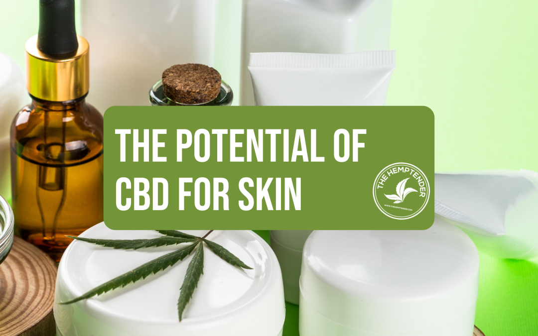 A photo of CBD skincare products on a green background with a text overlay that reads "the potential of cbd for skin"