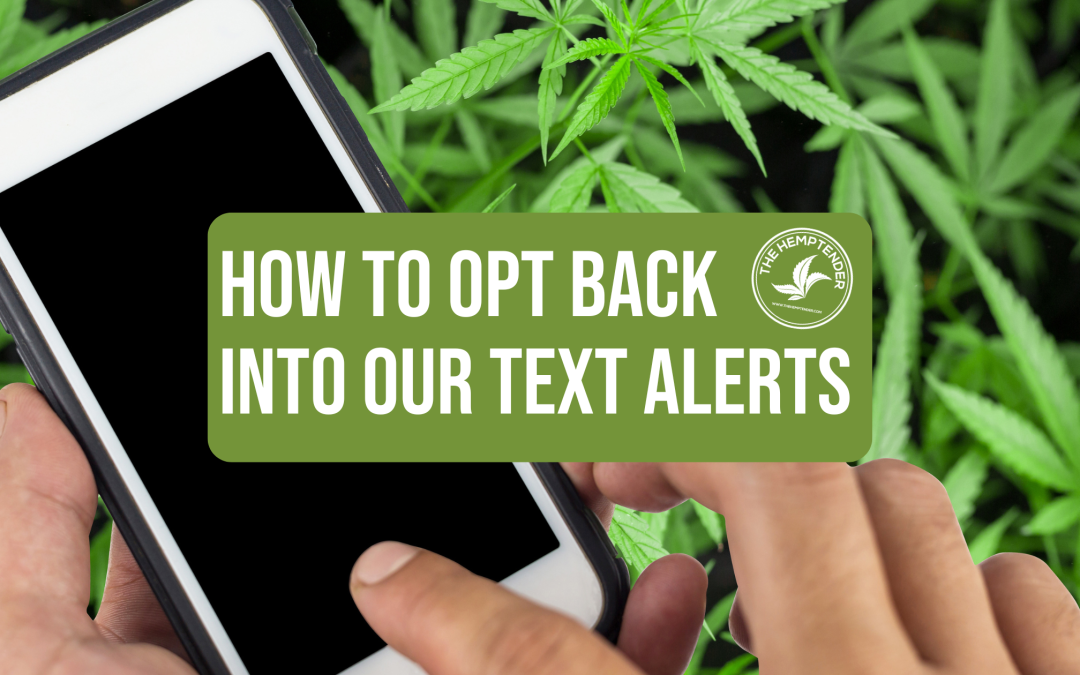 A picture of a phone and a pair of hands with cannabis in the background and text that reads "how to opt back into our text alerts"