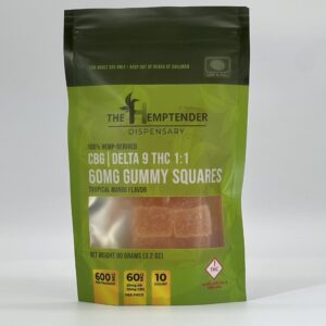 30mg CBG and 30mg THC gummy squares by The Hemptender on a white background.