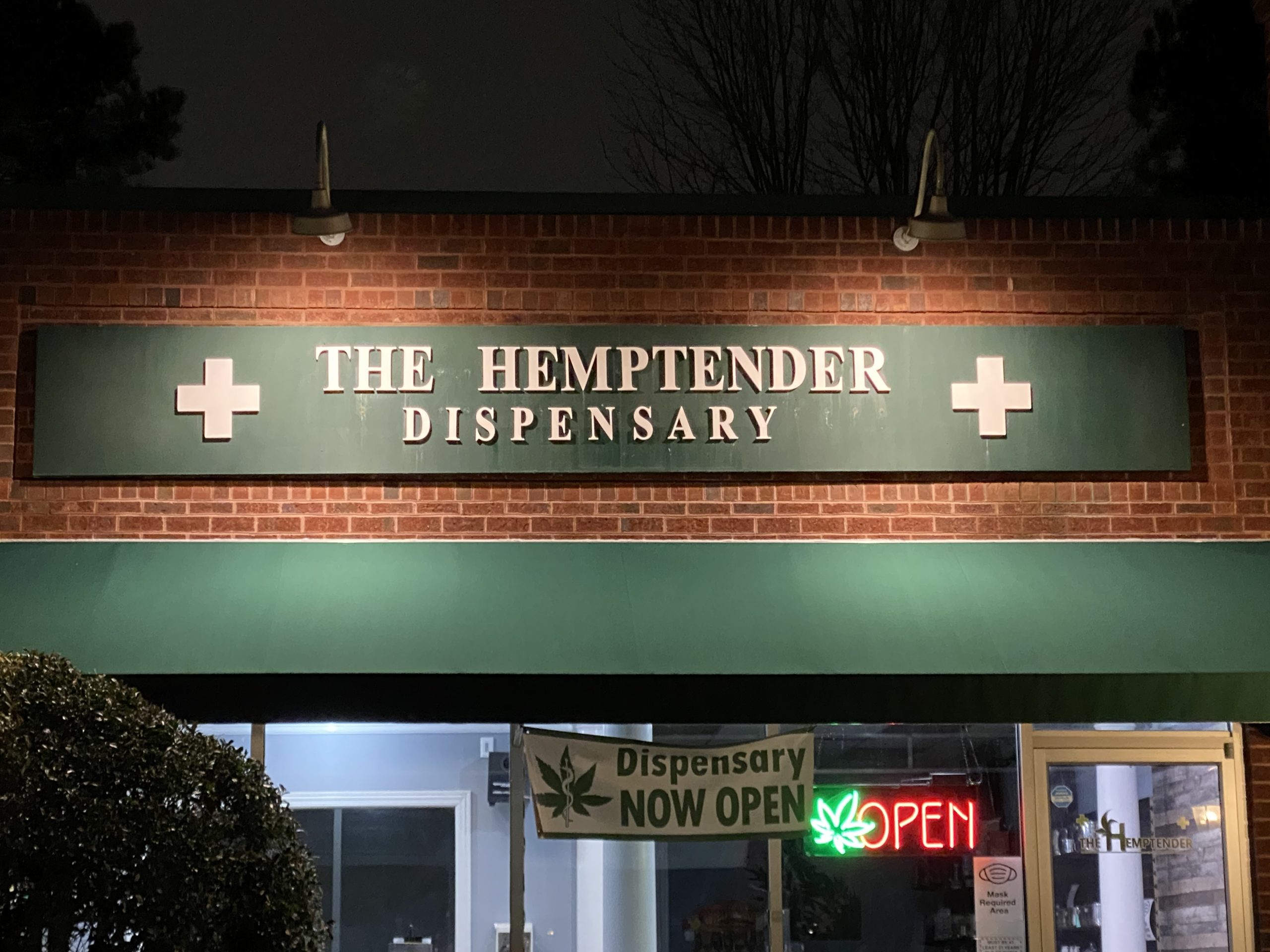 The Hemptender storefront in Cary, North Carolina at night