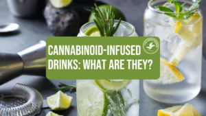cannabinoid-infused beverages with lemons and limes in glasses on a grey table with text that reads "cannabinoid infused drinks: what are they?"